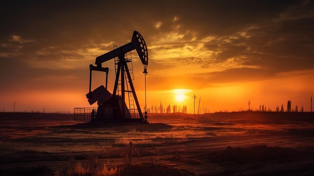 &Ouml;lpumpe auf einem &Ouml;lfeld bei einem Sonnenuntergang. &Ouml;lf&ouml;rdert&uuml;rme f&ouml;rdern &Ouml;l in den USA.