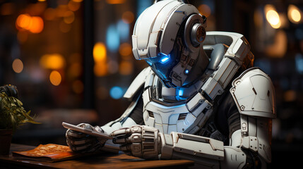 Fototapeta premium Humanoid robot playing on a tablet