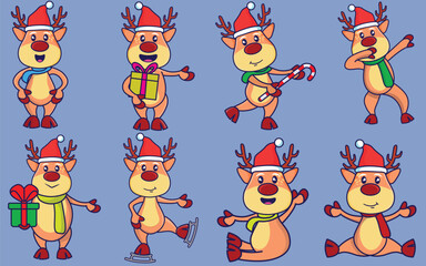 Obraz premium Cute Kawaii Set of Christmas Reindeer with Gifts and Santa Clothes Xmas Bundle