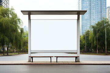 Blank billboard mockup on the bus stop with bench