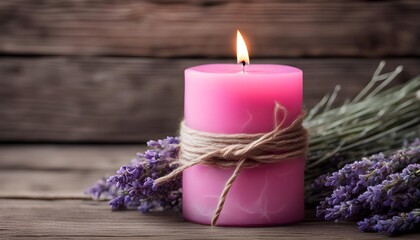 Obraz na płótnie Canvas Close-up view of handmade pink candle with twine bow and lavender on old wooden background