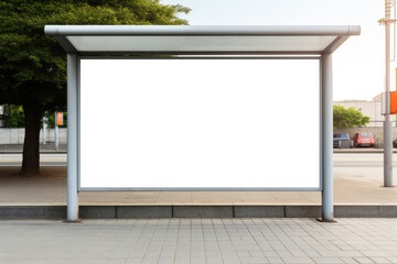 Large empty commercial banner mounted on urban bus stop front view outdoor