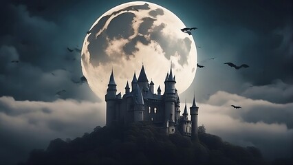 Halloween castle with the moon and bats in the sky - obrazy, fototapety, plakaty