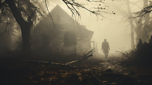 Halloween haunted house - vintage photo - faded and worn - silhouette of a scary man standing outside an abandoned house - foggy - spooky atmosphere.  