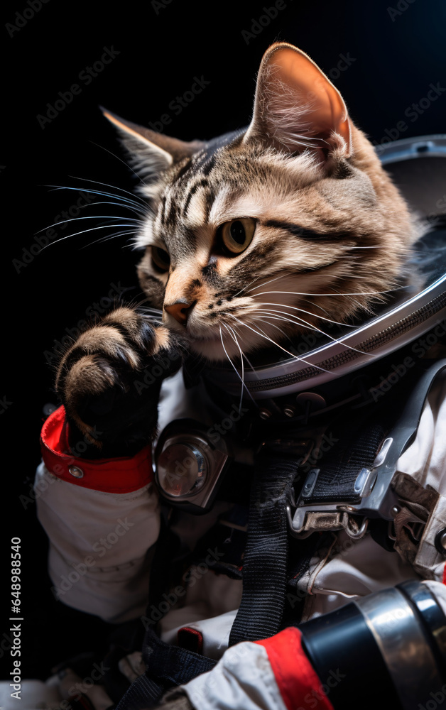 Wall mural cat astronaut in a spacesuit in a spaceship plows the expanses of the universe