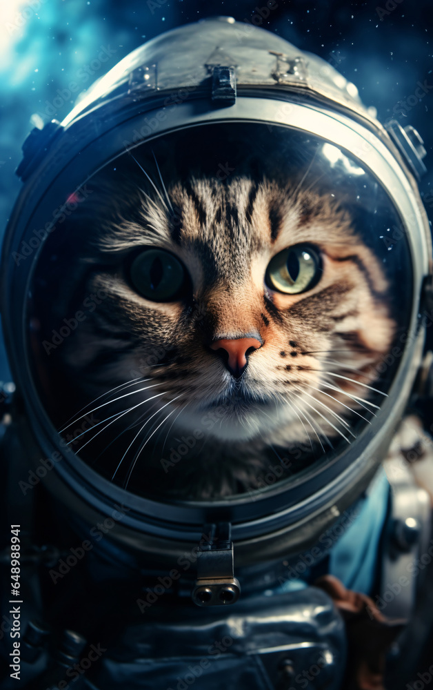 Wall mural cat astronaut in a spacesuit in outer space travels across the expanses of the universe