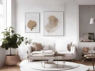 Design a Scandinavian-inspired modern living room with a white corner sofa featuring terra cotta cushions Generative ai