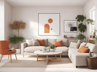 Design a contemporary living room with Scandinavian influences, featuring a white corner sofa adorned with terra cotta cushions Generative ai