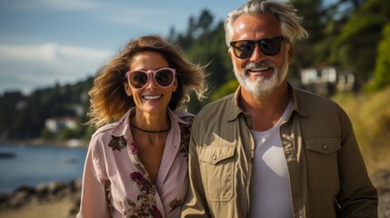 an adult couple in love enjoying a vacation by the sea
