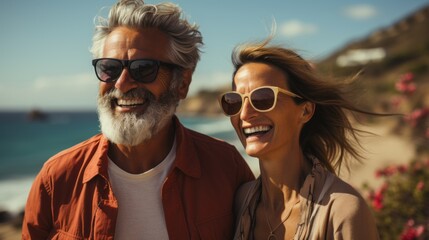 an adult couple in love enjoying a vacation by the sea