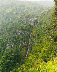 Panoramic view of Black River Gorges National Park, Gorges Viewpoint in Mauritius. A giant waterfall is seen on a leafy green hillside.