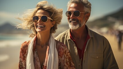 an adult couple enjoying a walk by the sea