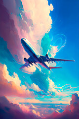 Obraz premium A large jetliner flying through a cloudy blue sky. Generative AI