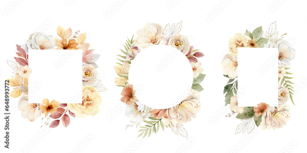 Wall mural watercolor set of flower wreaths with neutral flowers and leaves. arrangement for greeting cards, st