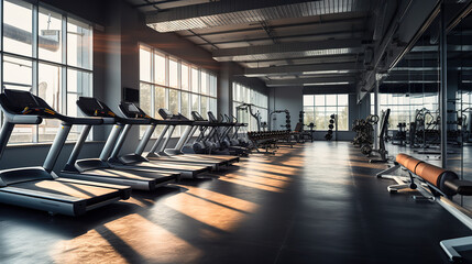 Fitness equipment in a contemporary gym within a fitness center, devoid of people - obrazy, fototapety, plakaty