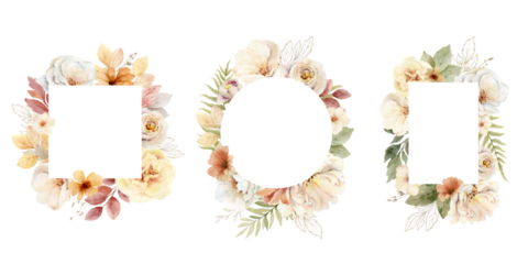 Watercolor set of flower wreaths with neutral flowers and leaves.  Arrangement for greeting cards, stationery, wedding invitations and decorations. Hand painted  illustration.