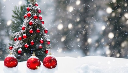 Christmas Tree, Beautiful Festive Christmas snowy background. Christmas tree decorated with red balls and knitted toys in forest in snowdrifts in snowfall outdoors,  copy space
