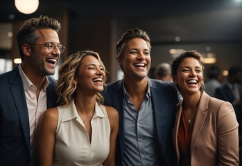 Successful business team laughing while standing together