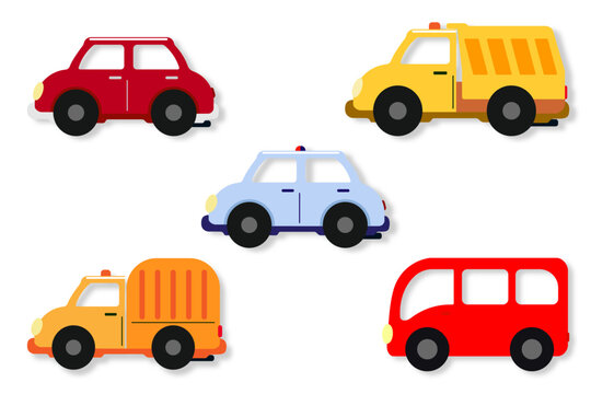 A picture of cartoon orange dump truck car, police car, bus, red car, orange emergency car, cute flat vector illustration