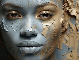 AI-generated blue and tan painted face of a beautiful young woman, with some thick, caked paint. MidJourney.