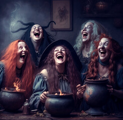 A group of cheerful female witches brew a potion and laugh