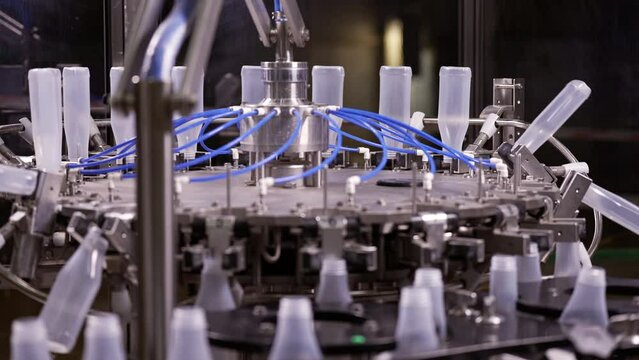 Sauce production line. Semi-transparent plastic bottles moving through the production line. Automatic line for processing of sauce. 