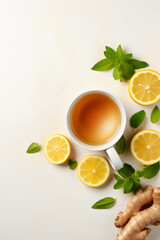 White cup of tea with lemon and lemon elements next to it and green mint leaves, top view
