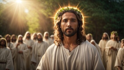 Naklejka premium Jesus Christ With Followers and Glowing Halo