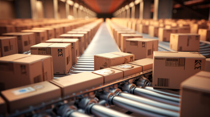 Delivery of packages, packaging services, and the concept of a parcel transportation system with cardboard boxes on a conveyor belt