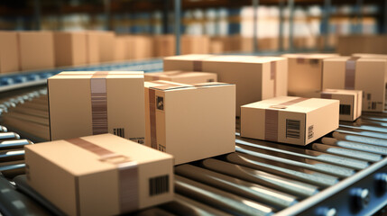 Delivery of packages, packaging services, and the concept of a parcel transportation system with cardboard boxes on a conveyor belt