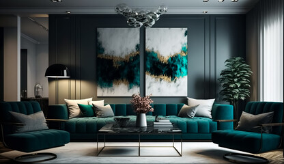 Beautiful interior room with modern sofa and wall art frame beautiful home interior design Generative Ai