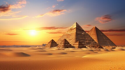 Golden sunset casts long shadows on the ancient pyramids of Giza and Sphinx in Egypt. Majestic landmarks of historical significance, they stand as world-famous ancient wonders. Breathtaking view of a