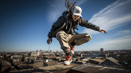 Rooftop adventure, parkour athlete's daring urban leaps.
