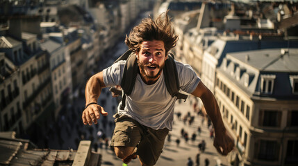 Dynamic urban exploration, parkour athlete leaps across rooftops.

