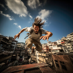 Parkour athlete leaps between city rooftops, daring movement.
