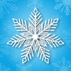 White snowflake on a blue background for winter design. Christmas New Year cards. Frozen silhouette of a snowflake. Vector EPS 10.