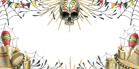 Human skulls with a sombrero hat, maracas, garland flags, candles and cobwebs. Hand drawn watercolor illustration for day of the dead, halloween, Dia de los muertos. Template on white background