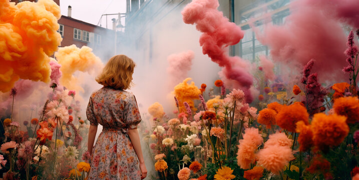Generative AI illustration of back view of redhead anonymous woman in dress standing against street buildings among colorful smoke and flowers