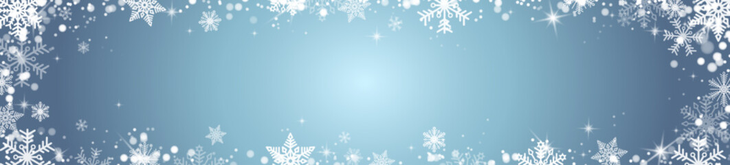 Fototapeta na wymiar Falling snowflakes on a blue gradient background. A magical Christmas background of snowflakes and sparkles. Vector EPS 10.