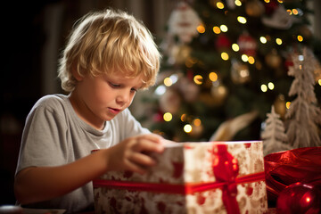 Generative AI illustration of adorable boy unwrapping gift boxes while sitting near Christmas tree with shimmering light in cozy room
