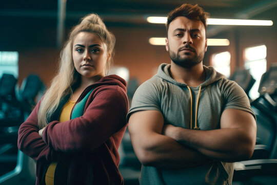 Generative AI image of serious obese couple in sportswear looking at camera while standing with hands crossed in dark gym with equipment in daylight