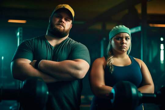 Generative AI image of serious obese couple in sportswear looking at camera while standing with hands crossed in dark gym with equipment in daylight