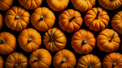 Generative AI illustration of from above of harvest of ripe orange pumpkins placed together on top of each other
