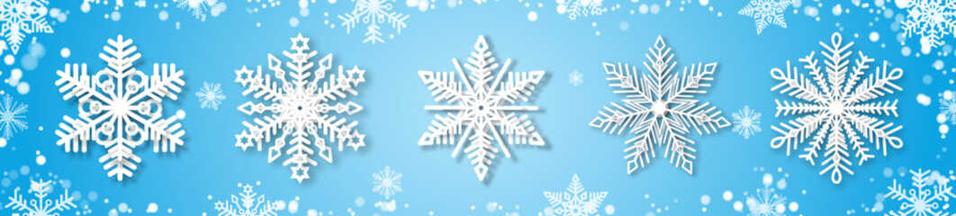 Fototapeta na wymiar A set of white snowflakes with a paper effect and a shadow on a blue background. The element of Christmas and New Year. The symbol of winter. Vector illustration.