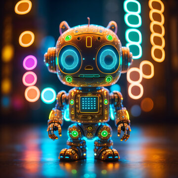 Generative AI illustration of adorable small bright robot with blue eyes looking at camera while standing against blurred dark background with lights