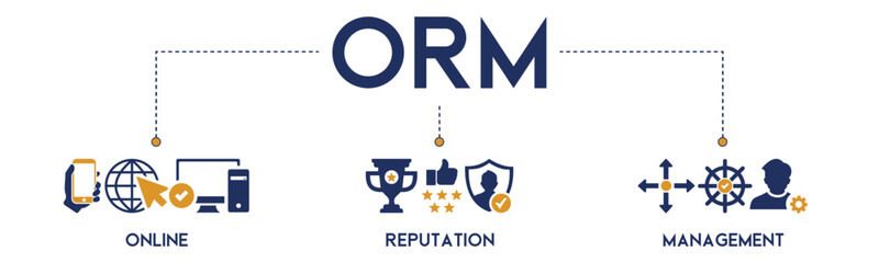 ORM banner website icon vector illustration concept for online reputation management with icon of internet, browser, winner, trust, favorite, and business on white background