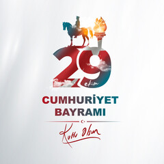 October 29 1923: Translation: 29 October Turkey Republic Day, happy holiday illustration (Turkish: 29 Ekim Cumhuriyet Bayrami Kutlu Olsun)  - obrazy, fototapety, plakaty