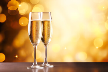 Two glasses of champagne on golden bokeh background.