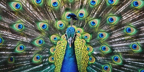 Portrait of vibrant peacock with colorful tail feathers, beautiful blue and green plumage