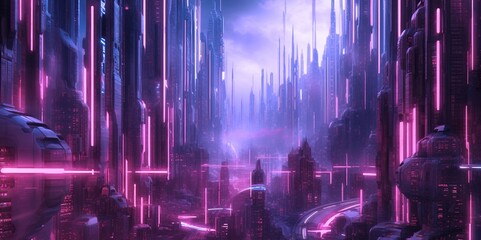 Obraz premium Futuristic city with future digital technology, neon purple banner